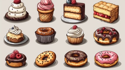 A delightful assortment of colorful desserts including cupcakes, donuts, and cakes on display