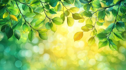 Lush green leaves with sunlight filtering through, creating a serene and vibrant atmosphere