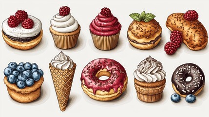 Delicious assortment of desserts including cupcakes, donuts, and ice cream cones on a light background