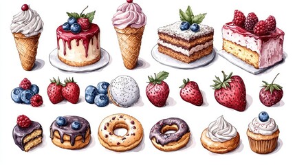 A colorful assortment of desserts including cakes, ice cream, and berries on a white background