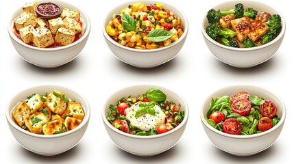 Colorful assortment of healthy dishes featuring tofu, vegetables, and fresh ingredients in bowls