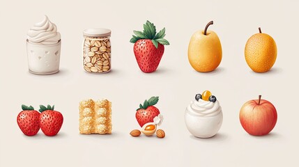 Colorful assortment of fruits and desserts arranged aesthetically on a neutral background