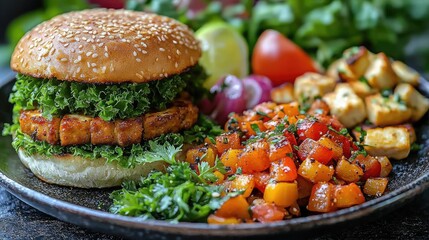 Delicious vegetarian burger with fresh greens, colorful salad, and vibrant vegetables on a plate