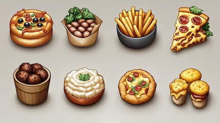 Assorted Delicious Fast Food Items Including Pizza, Fries, and Desserts on a Neutral Background
