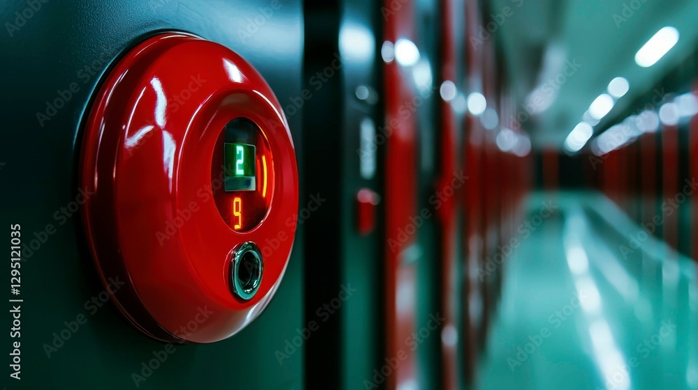 Poster red emergency device with glowing numbers in data center facility at level twenty nine