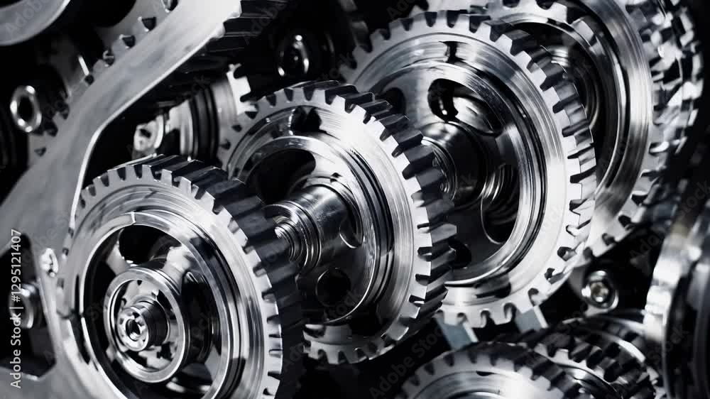 Poster close-up video of interlocking metal gears in motion, showcasing intricate mechanics. shot from a lo