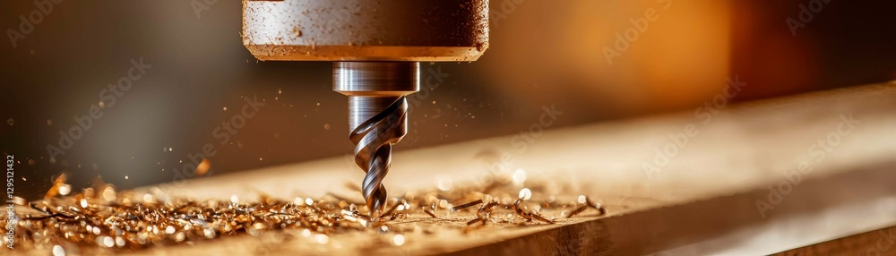 Poster automated woodworking craft cutting with machine tool and creating wood chips by precision drill