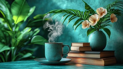 Serene coffee moment with steaming cup, vibrant plants, and stacked books in tranquil setting