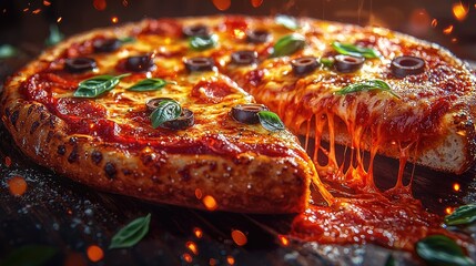 Deliciously cheesy pizza with olives and basil, served on a rustic wooden table, with a warm ambiance