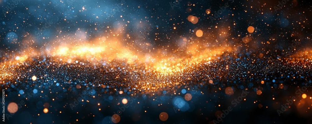 Aufkleber golden sparkle dust abstract swirl of glimmering particles on dark background backdrop with bokeh ef