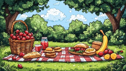 Colorful picnic scene with a basket of fruits, assorted foods on a blanket, and lush greenery
