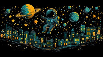 Astronaut floating in space above a glowing cityscape with planets and stars in the background