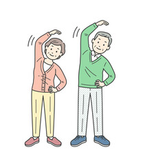 脇腹を伸ばすストレッチをする高齢男女イラストセット