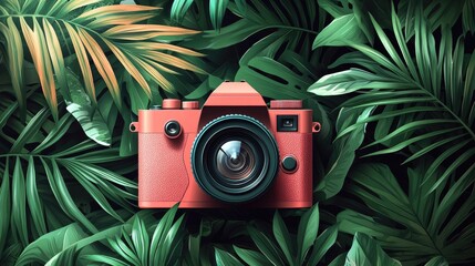 Vibrant red camera nestled among lush green tropical leaves in a serene natural setting