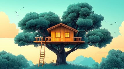 A whimsical treehouse nestled in a lush green tree under a pastel sky at sunset