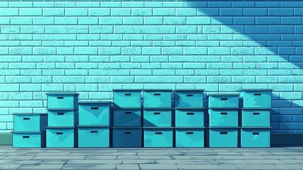 Stacked turquoise storage boxes against a vibrant blue brick wall with soft shadows