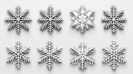 Collection of intricately designed, white snowflake shapes on a light background for seasonal decor