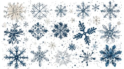 Various intricate snowflake designs in blue and gold on a white background, ideal for winter themes