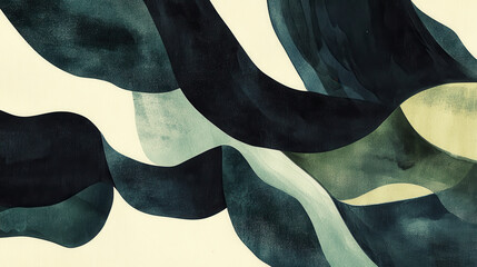 Dynamic abstract swirls, flowing organic patterns, rich green and midnight blue hues