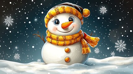 Cheerful snowman wearing an orange scarf and hat, surrounded by falling snowflakes in winter