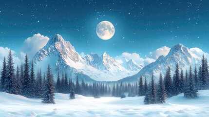 Serene winter landscape showcasing majestic mountains under a bright moonlit sky