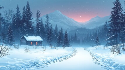 Serene winter landscape featuring a cozy cabin surrounded by snow-covered mountains and trees at dusk