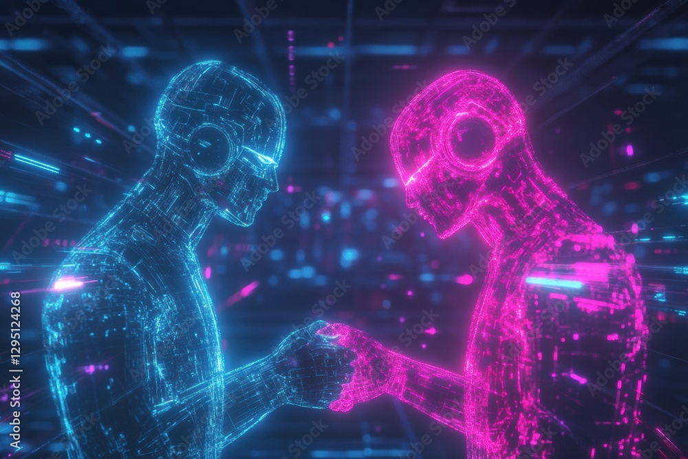 Leinwandbilder Digital avatars engage in handshake to symbolize metaverse social interactions in virtual space. Generative AI