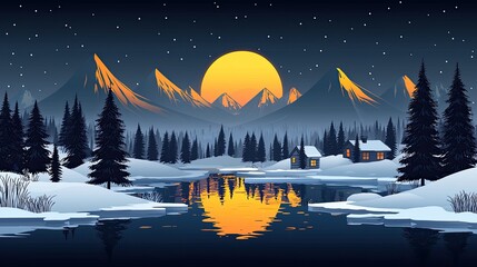 Serene winter landscape with mountains, glowing sunset, tranquil lake, and cozy cabins