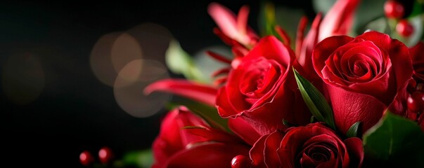 Obraz premium Romantic Floral Display of Deep Red Roses and Lilies on Dark Background with Bokeh Effects