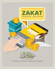 Islamic Charity Concept with Online Zakat Payment. Zakat, a pillar of Islam, is an obligatory almsgiving act, second only to prayer.