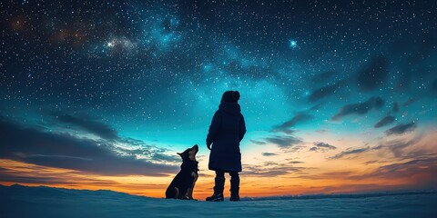 A child in a winter coat standing with their pet under the celestial sky.