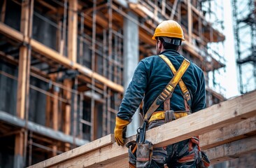 A construction worker wearing a safety helmet and harness is seen from behind, standing on a construction site with scaffolding and a partially built structure in the background