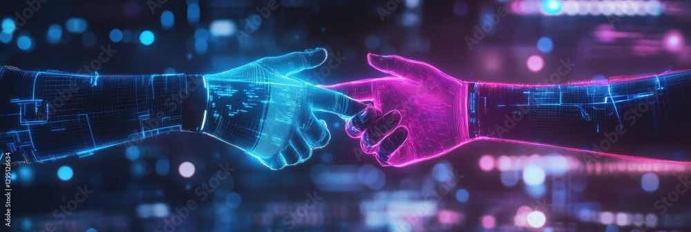 Poster Digital avatars engage in social interaction through a virtual handshake in a metaverse environment. Generative AI
