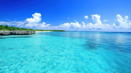 Tropical beach, turquoise water, sunny day, island view, travel poster