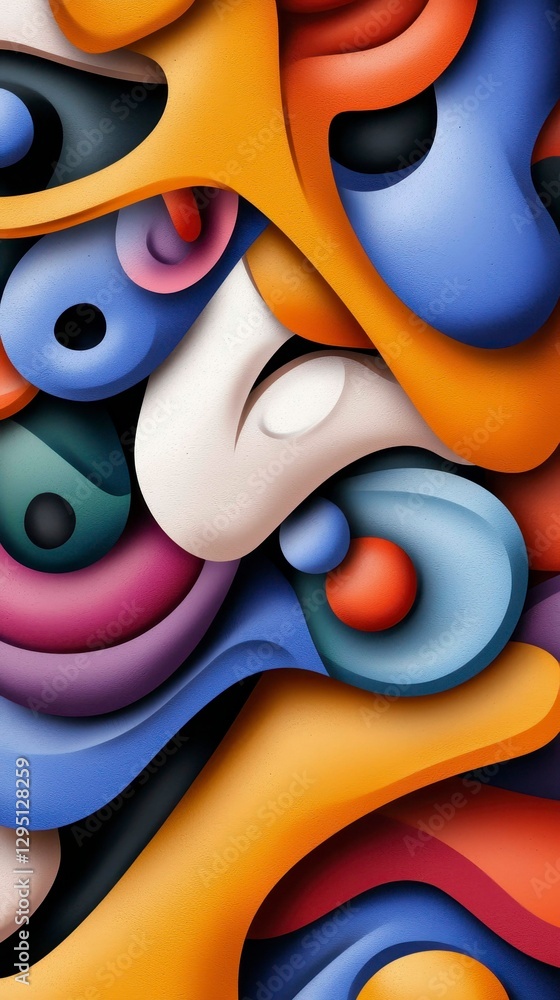 Poster abstract composition of colorful organic shapes with dynamic interplay and textural qualities