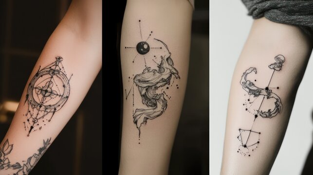 Three forearm tattoos, geometric art, studio background, body art portfolio