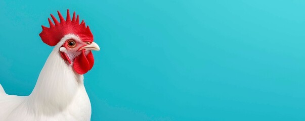 White Leghorn Chicken Portrait With Red Comb Against Turquoise Background For Farm Fresh Imagery