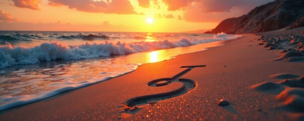 Jesus' finger tracing patterns on the sandy shoreline at sunset, scripture, divine
