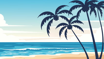 Tropical beach scene with palm trees, sandy shores, and clear blue skies with soft clouds, as the ocean waves gently lap against the coast