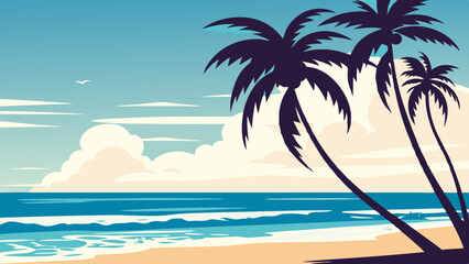 Fototapeta premium Tropical beach scene with palm trees, sandy shores, and clear blue skies with soft clouds, as the ocean waves gently lap against the coast