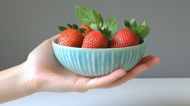 Hand Holding Bowl of Fresh Strawberries with Mint Leaves - Powered by Adobe