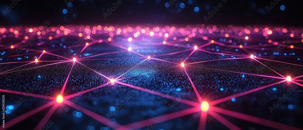 Poster an abstract representation of a glowing network, featuring interconnected nodes with vibrant colors 