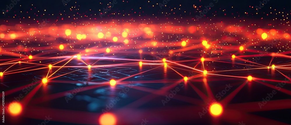 Poster a vibrant, abstract network of glowing nodes connected by lines on a dark background, evoking themes