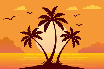 A tropical island sunset featuring palm trees silhouetted against a vibrant orange sky with birds flying across the horizon