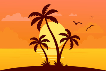 A tropical island sunset featuring palm trees silhouetted against a vibrant orange sky with birds flying across the horizon
