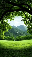 Fototapeta premium Lush Green Meadow Embraced by Tree Canopy Serene Mountain Backdrop Tranquil Outdoor Scene