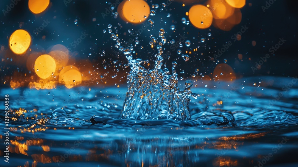 Poster a close-up of water droplets splashing in a pool, with soft bokeh lights creating a dreamy, colorful