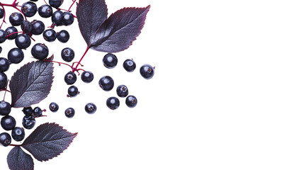 Elderberry berries and leaves isolated on transparent background for herbal medicine, organic health products, and culinary ingredients in high-resolution png format.