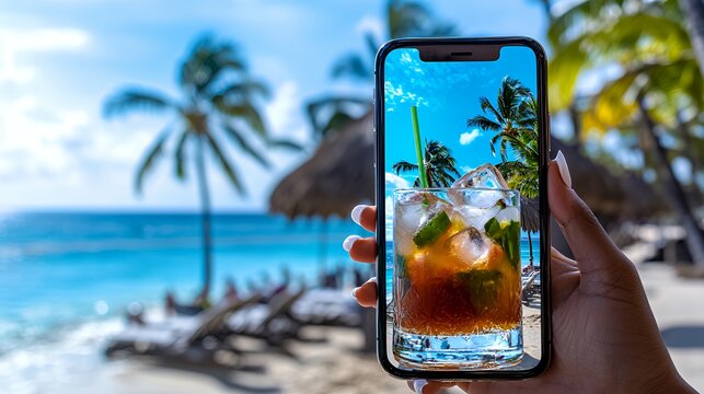 Holding Phone Displaying Refreshing Drink at Tropical Beach Location