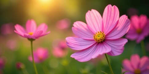 Fototapeta premium Pink cosmos blossoms in vibrant garden, sunlight dappled petals , macro, plant, colorful